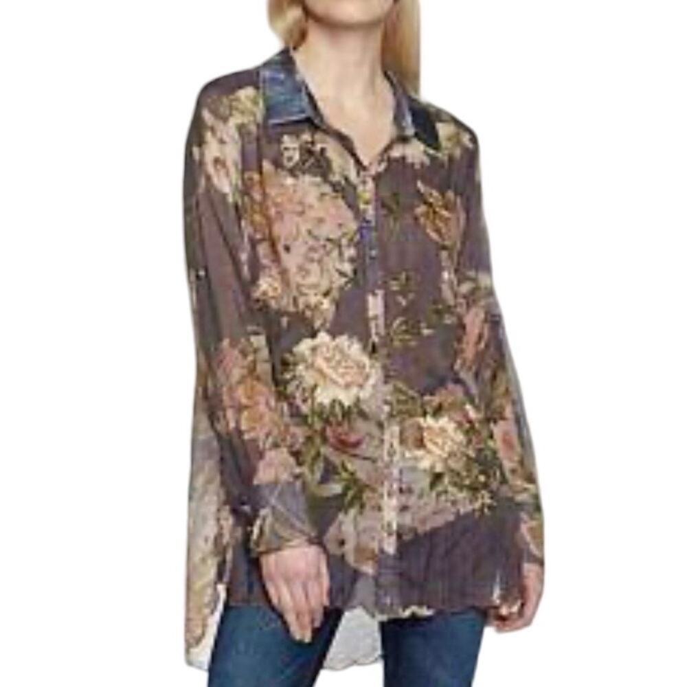 Aratta Silent Journey Adrianna Gray Floral Embroidered Button Down Tunic Size L